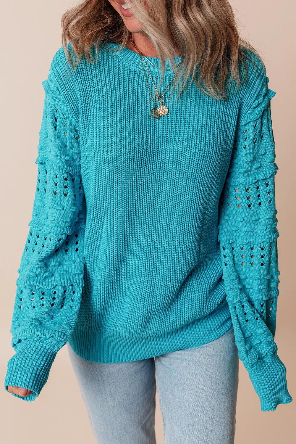 Openwork Frill Round Neck Long Sleeve Sweater Carauana Store