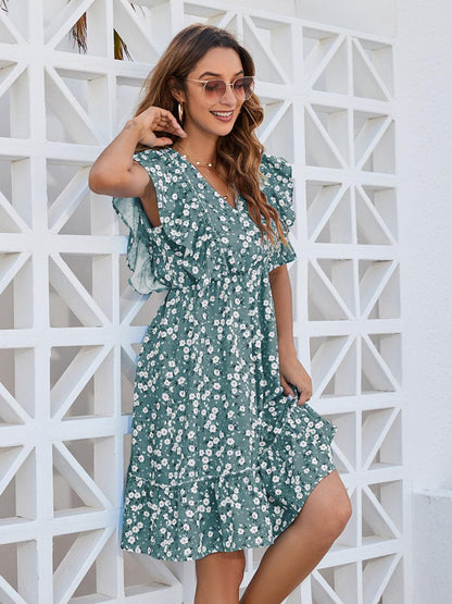 Ruffled Ditsy Floral Surplice Mini Dress Carauana Store