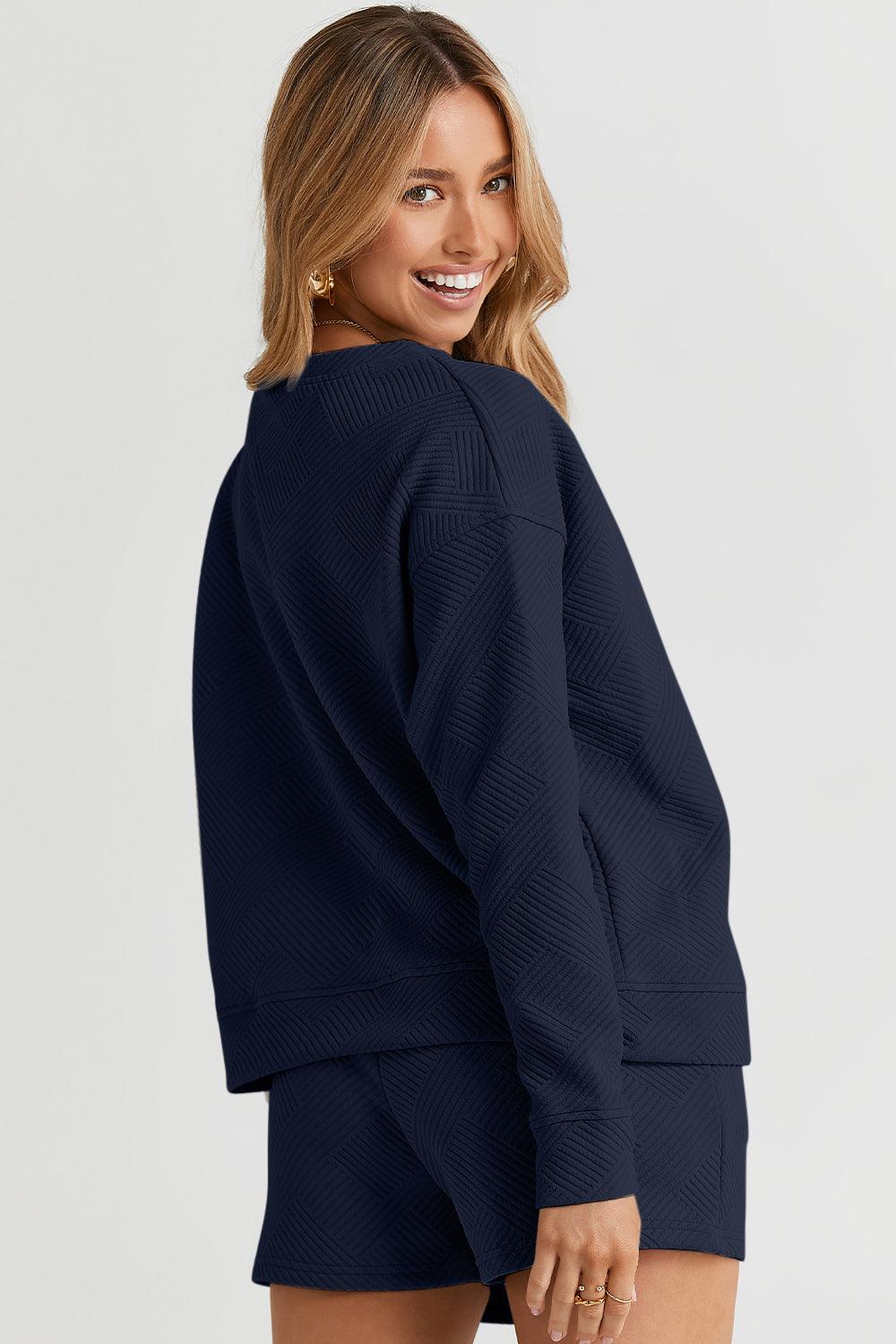 Double Take Full Size Texture Long Sleeve Top and Drawstring Shorts Set Carauana Store