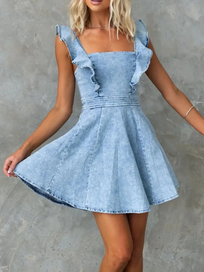Ruffled Square Neck Denim Mini Dress Carauana Store