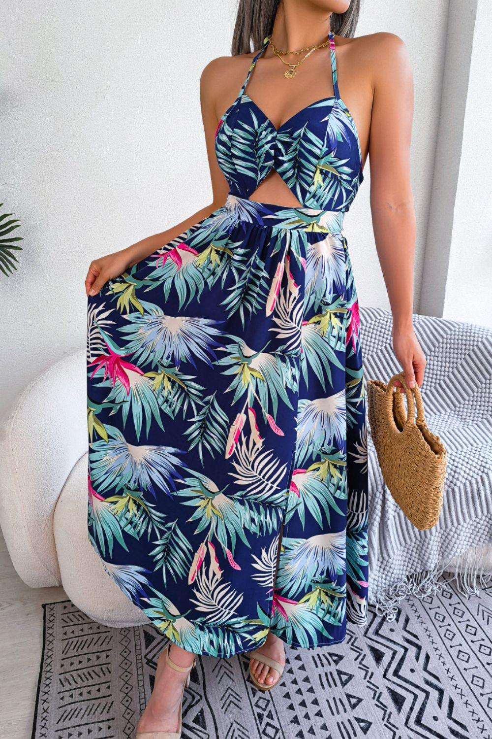 Botanical Print Tied Backless Cutout Slit Dress Carauana Store