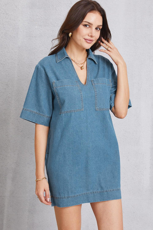 Pocketed Collared Neck Mini Denim Dress Carauana Store