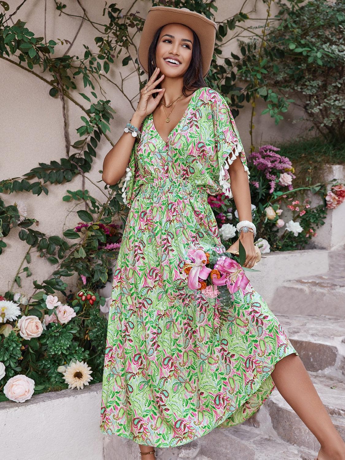 Smocked Floral V-Neck Short Sleeve Dress Carauana Store