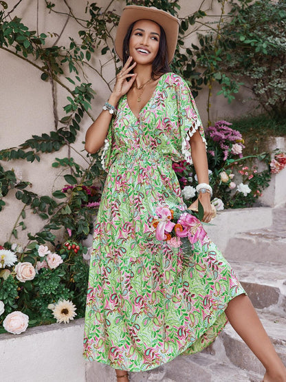 Smocked Floral V-Neck Short Sleeve Dress Carauana Store