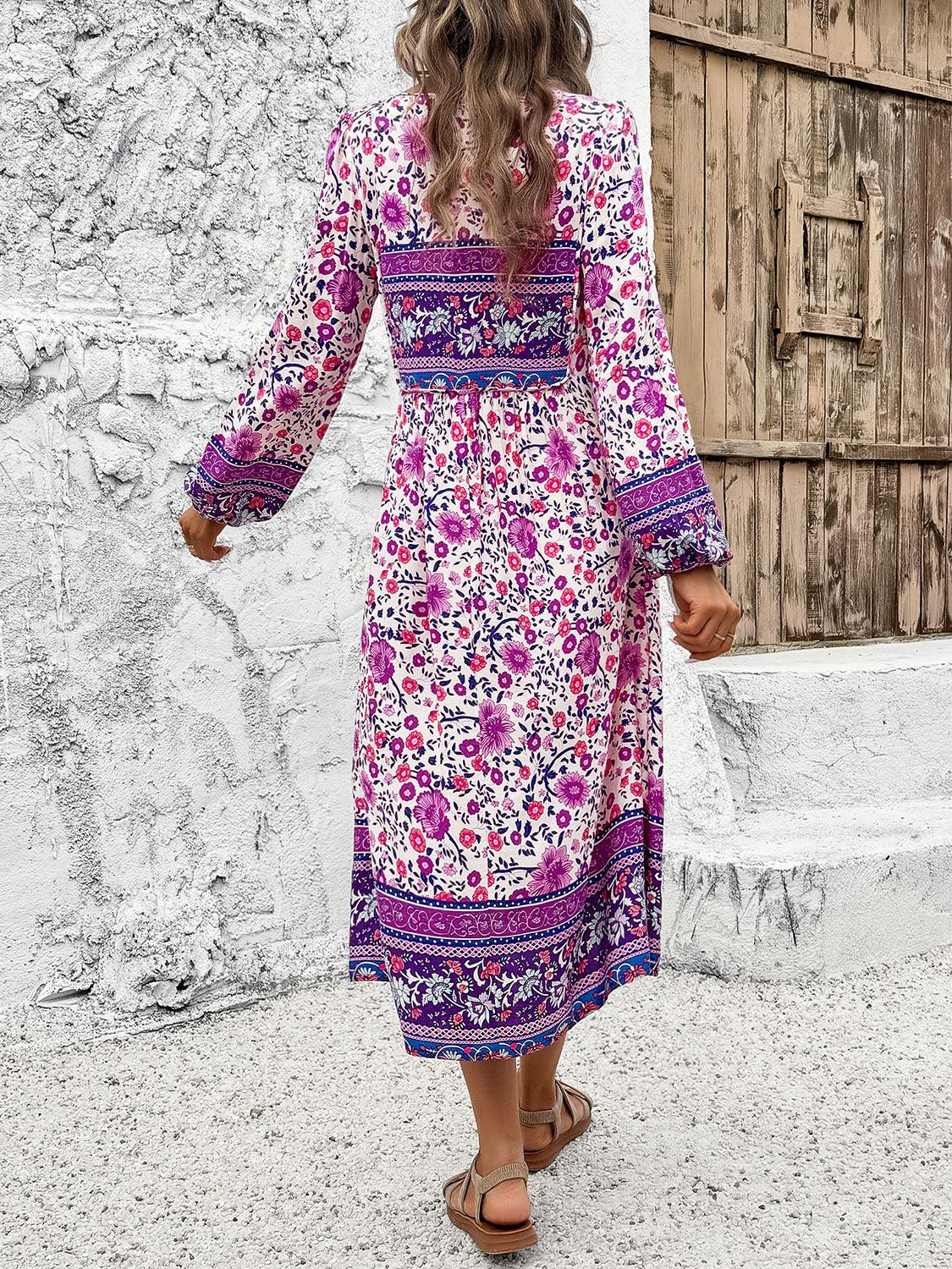 Tassel Tied Printed Long Sleeve Dress Carauana Store