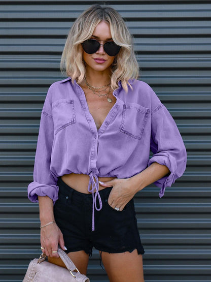 Drawstring Pocketed Button Up Denim Top Carauana Store