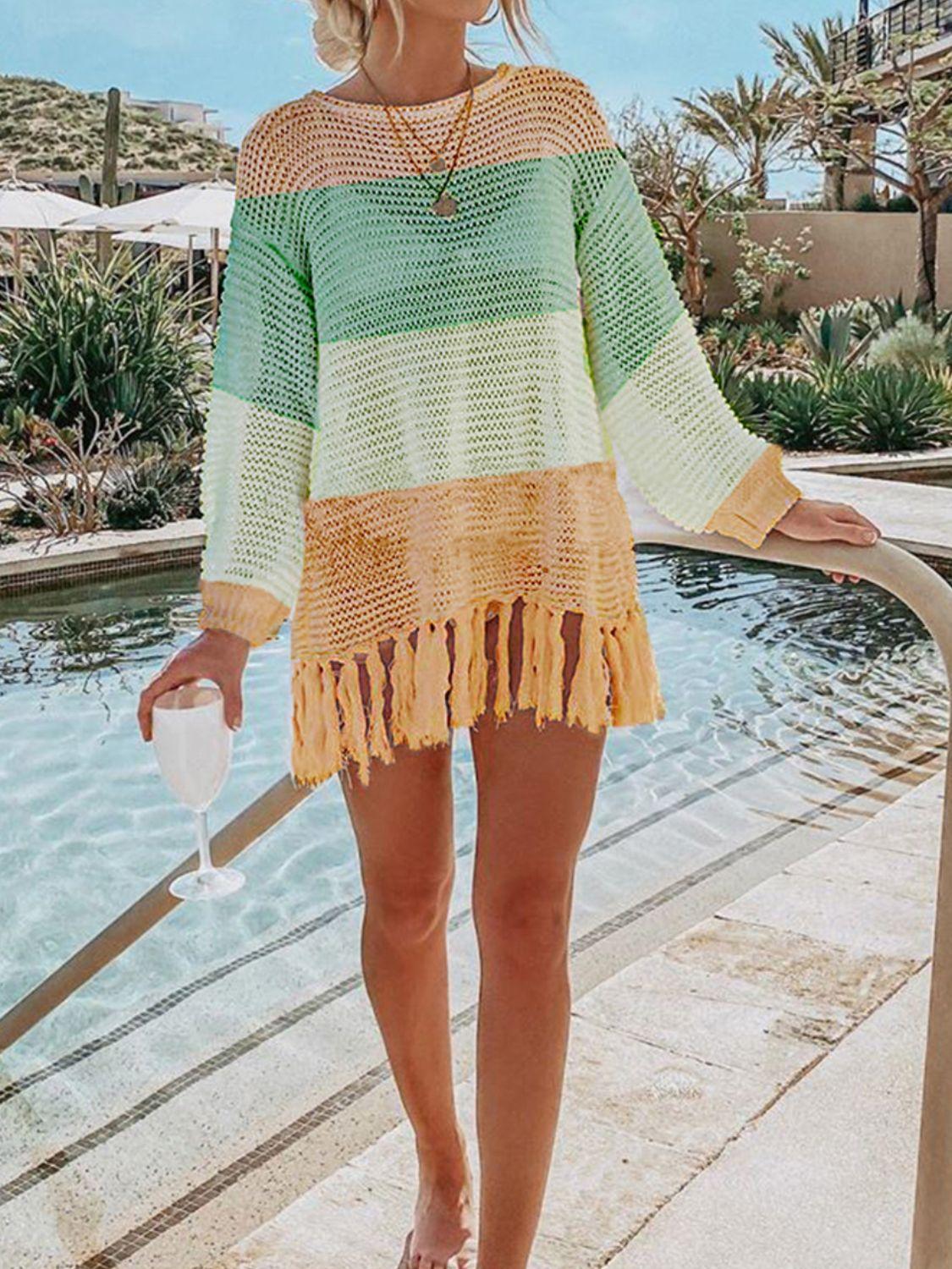 Double Take Openwork Tassel Hem Long Sleeve Knit Cover Up Carauana Store