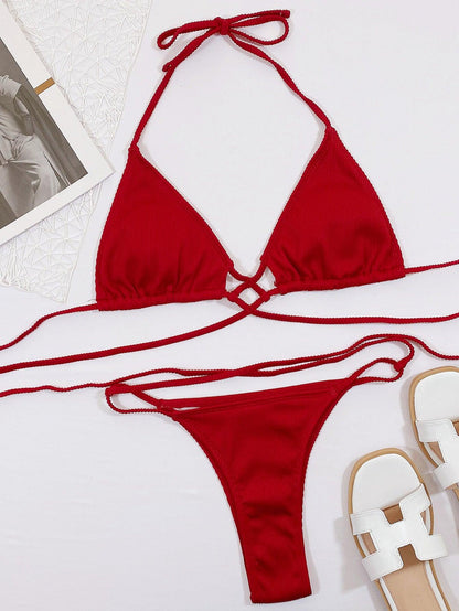 Halter Neck Crisscross Ribbed Bikini Set Carauana Store