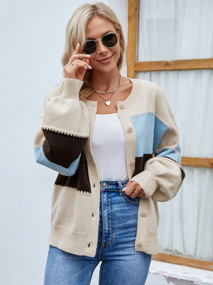 Color Block Button Up Lantern Sleeve Cardigan Carauana Store