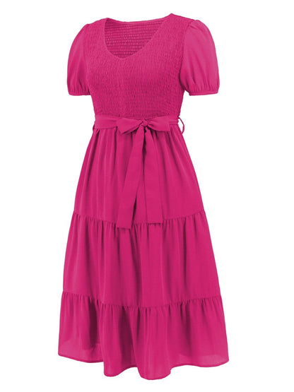 Smocked Tie Front Short Sleeve Tiered Dress Carauana Store