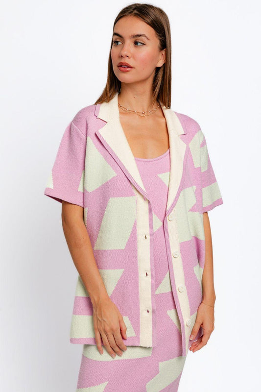Le Lis Abstract Contrast Short Sleeve Collared Cardigan Carauana Store