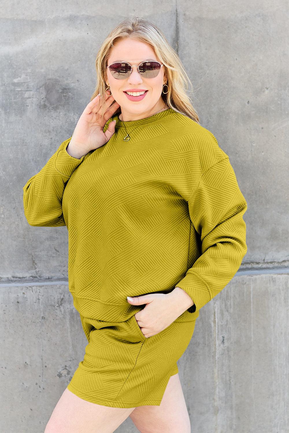 Double Take Full Size Texture Long Sleeve Top and Drawstring Shorts Set Carauana Store