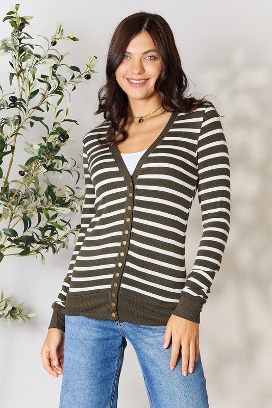 Zenana Full Size Striped Snap Down Cardigan Carauana Store