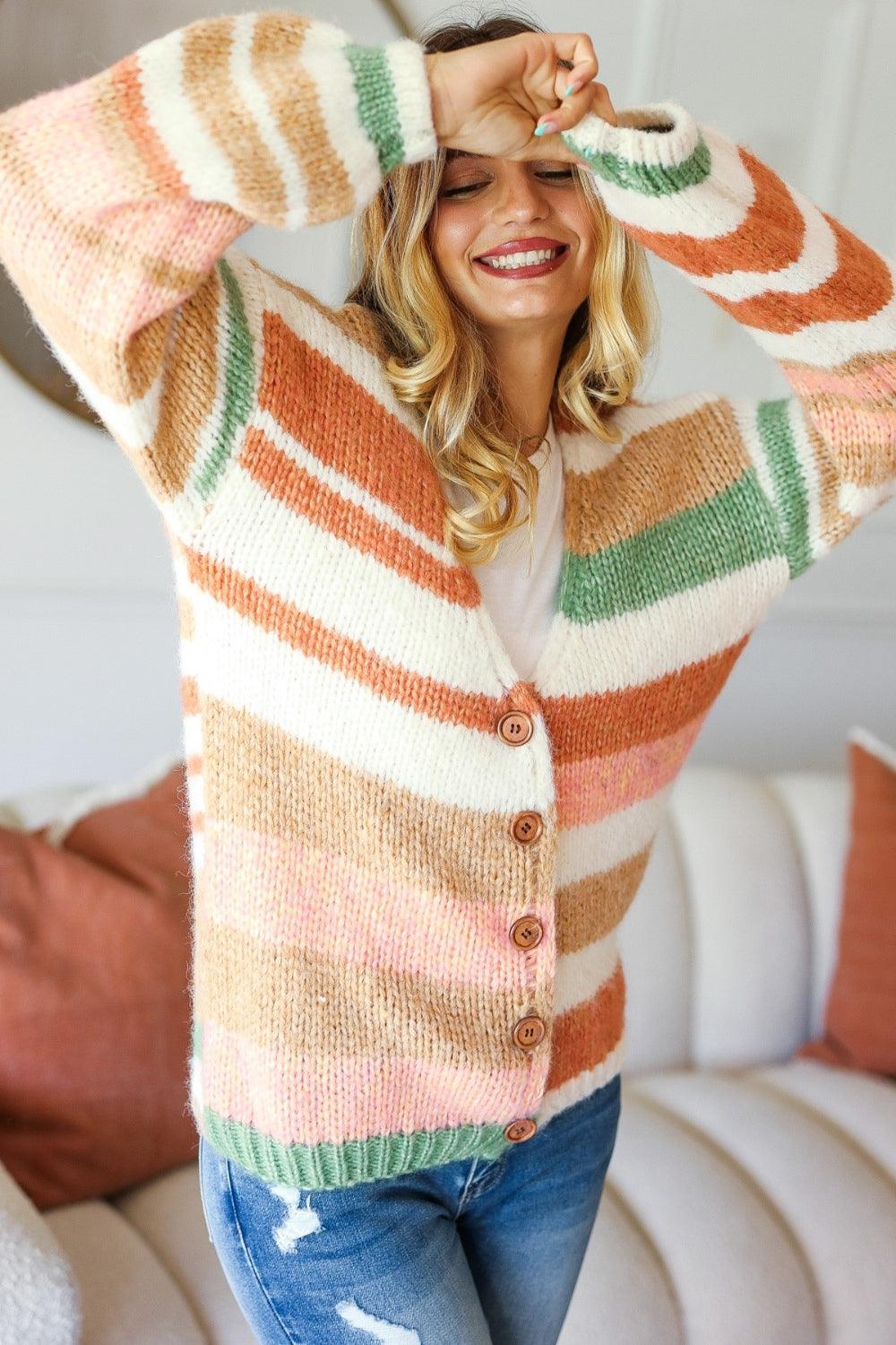 Haptics Full Size Button Down Striped Sweater Cardigan Carauana Store