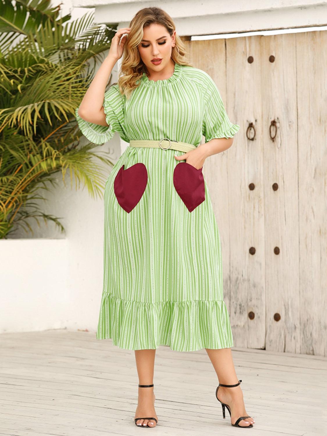 Plus Size Frill Heart Striped Half Sleeve Dress Carauana Store