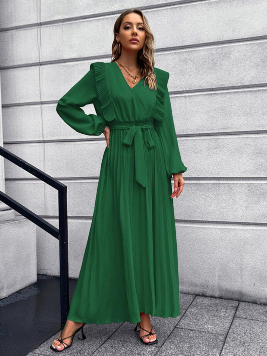 Pleated Surplice Tie Waist Maxi Dress Carauana Store
