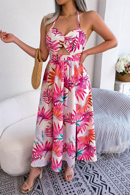 Botanical Print Tied Backless Cutout Slit Dress Carauana Store