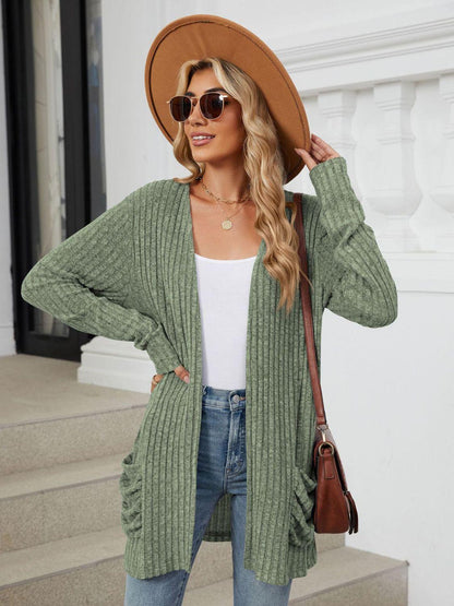 Pocketed Open Front Long Sleeve Cardigan Carauana Store