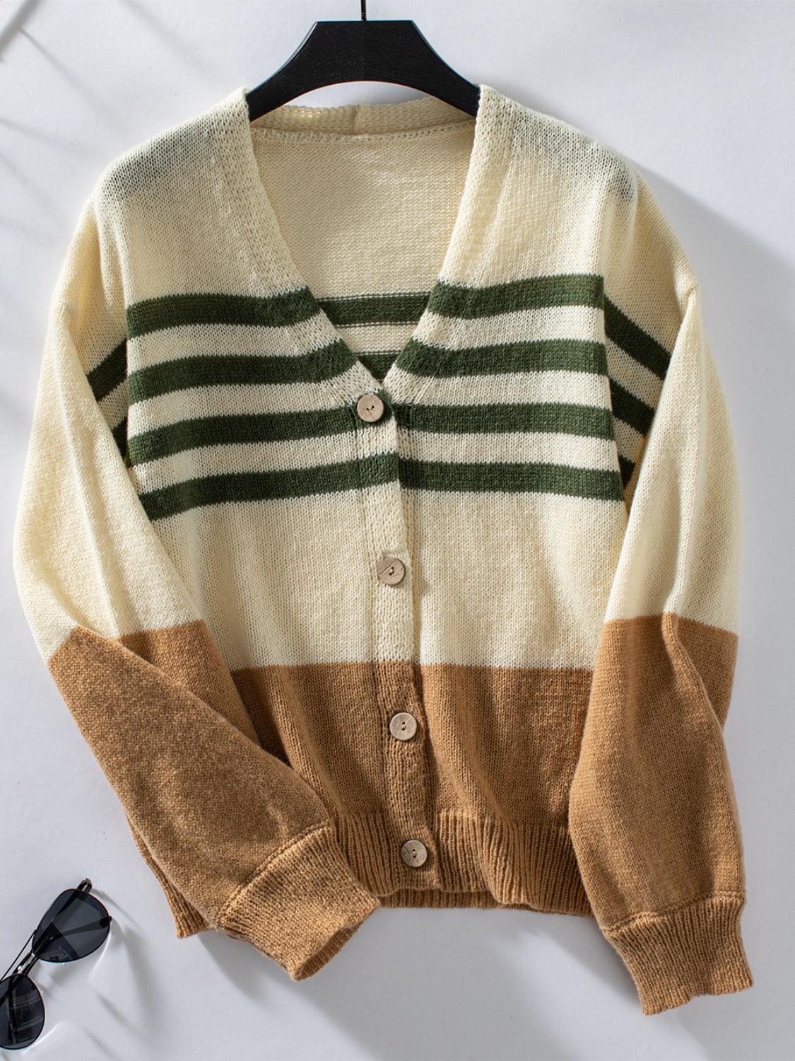 Color Block V-Neck Button Down Long Sleeve Cardigan Carauana Store