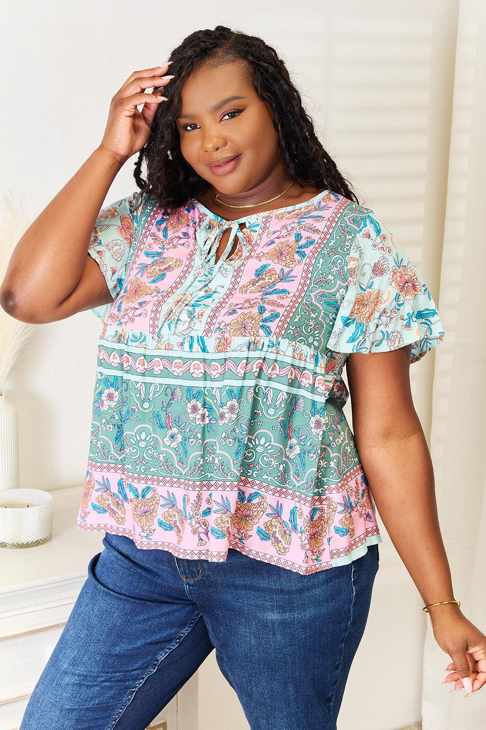 Perfee Floral Tie Neck Short Sleeve Blouse Carauana Store