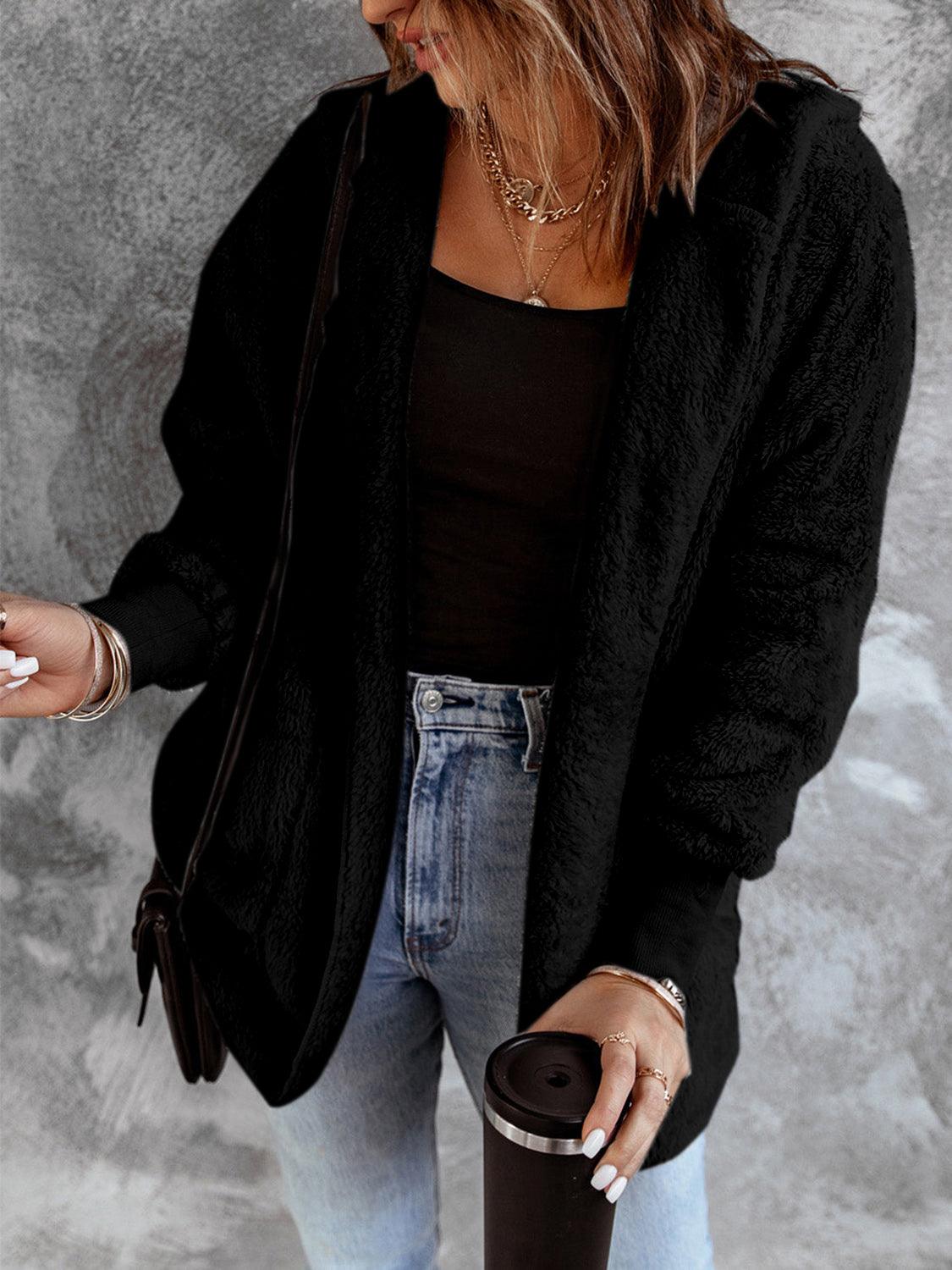 Open Front Hooded Faux Fur Outwear with Pockets Carauana Store