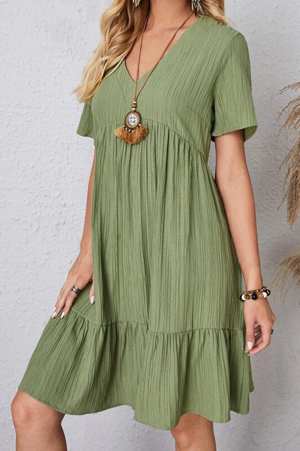 Full Size Ruched V-Neck Short Sleeve Dress Carauana Store