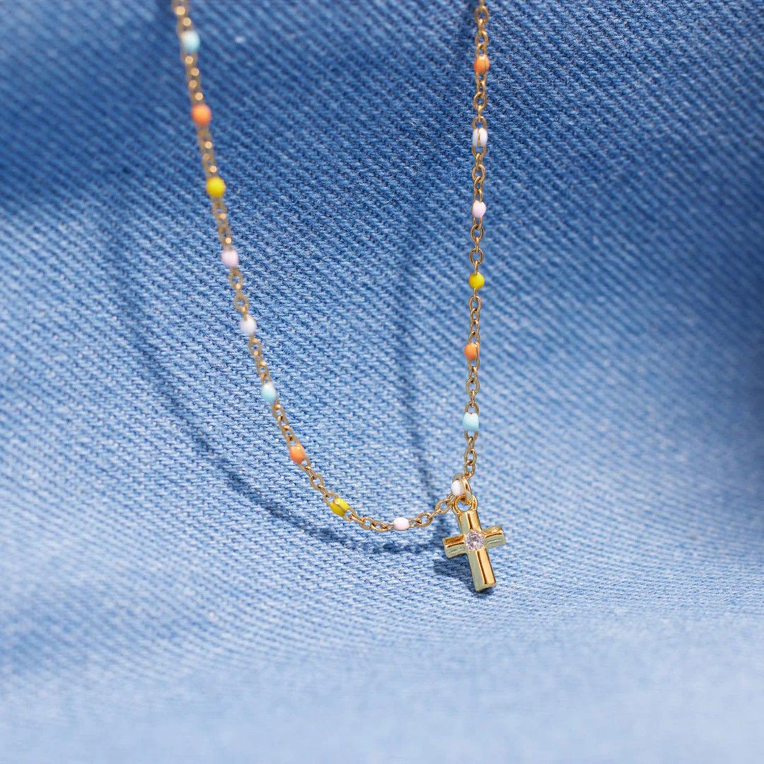 Inlaid Zircon 18K Gold-Plated Cross Bead Necklace Carauana Store