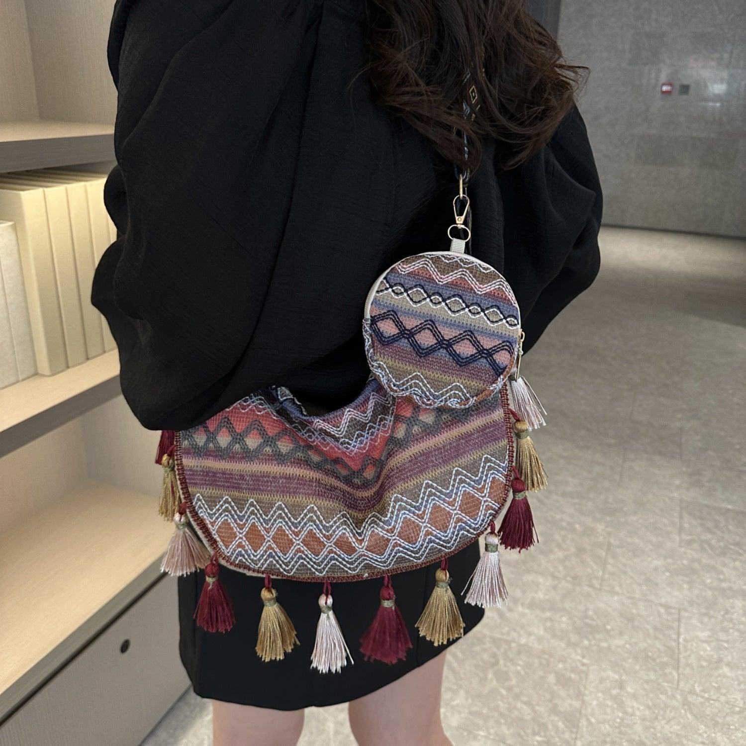 Printed Tassel Detail Crossbody Bag with Small Purse Carauana Store