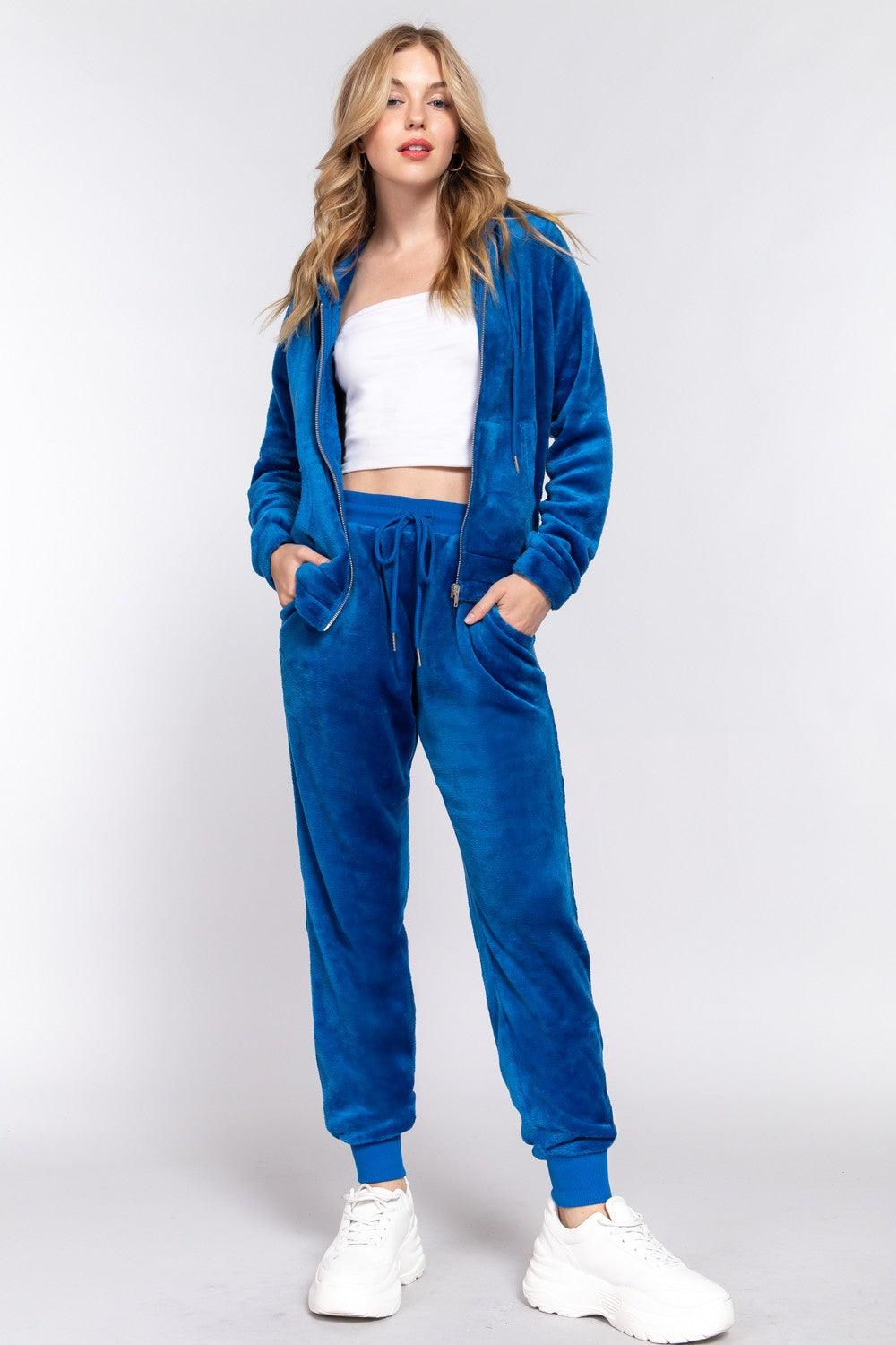 ACTIVE BASIC Faux Fur Zip Up Long Sleeve Hoodie and Joggers Set Carauana Store