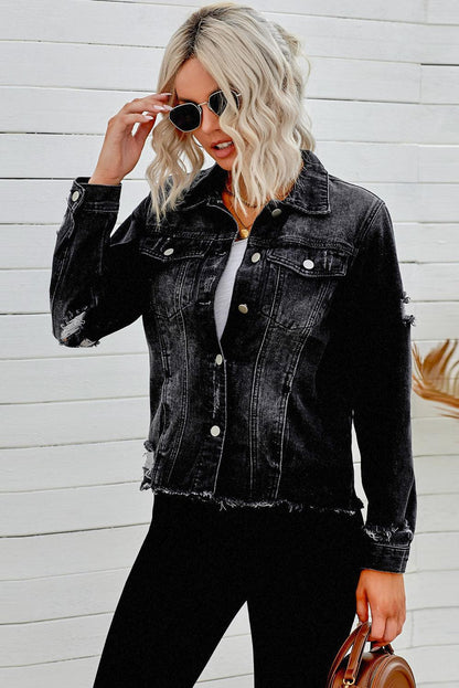 Distressed Raw Hem Denim Jacket Carauana Store