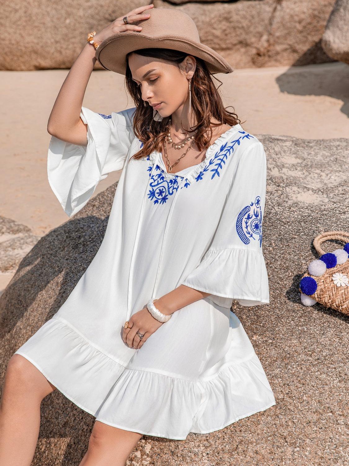 Printed Tie Neck Flounce Sleeve Mini Dress Carauana Store