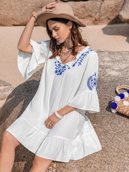 Printed Tie Neck Flounce Sleeve Mini Dress Carauana Store