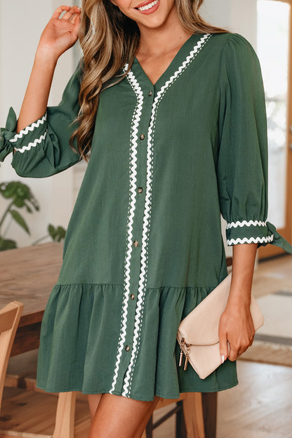 Canton Contrast Ricrac Trim Button V Neck Knotted Bracelet Sleeve Shift Dress