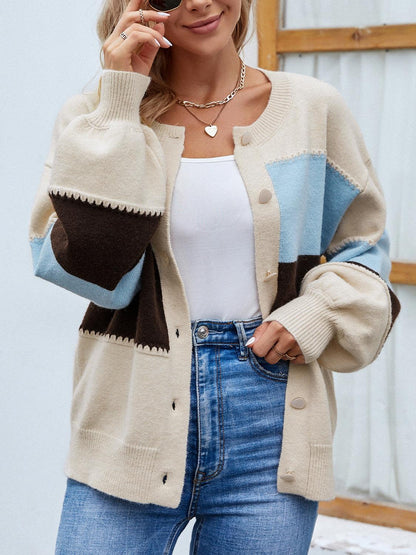 Color Block Button Up Lantern Sleeve Cardigan Carauana Store