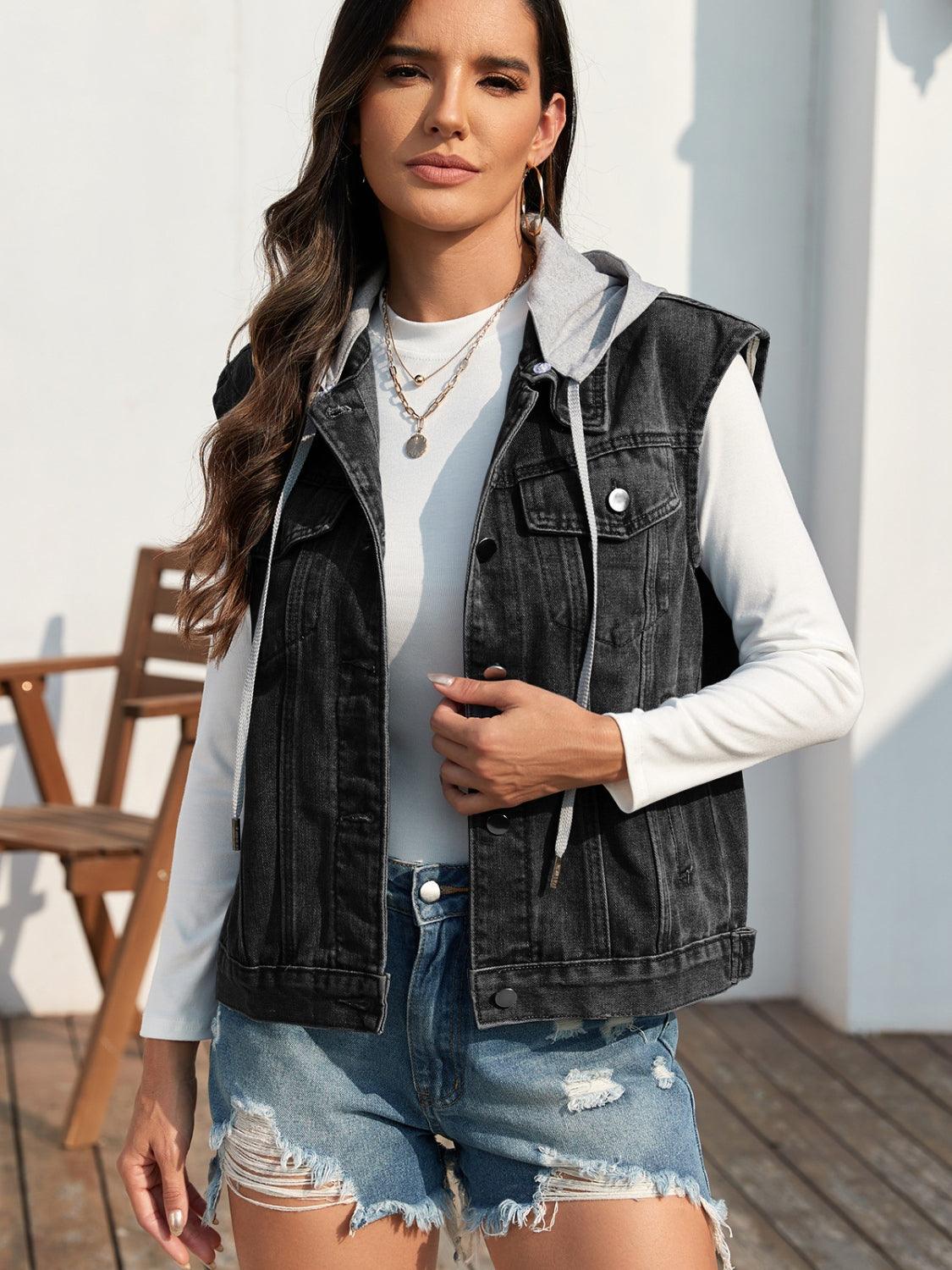 Pocketed Button Up Hooded Denim Jacket Carauana Store
