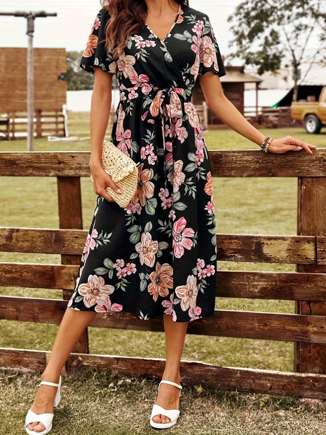 Tied Floral Surplice Short Sleeve Dress Carauana Store