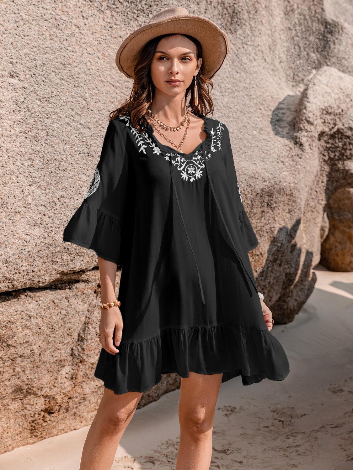 Printed Tie Neck Flounce Sleeve Mini Dress Carauana Store