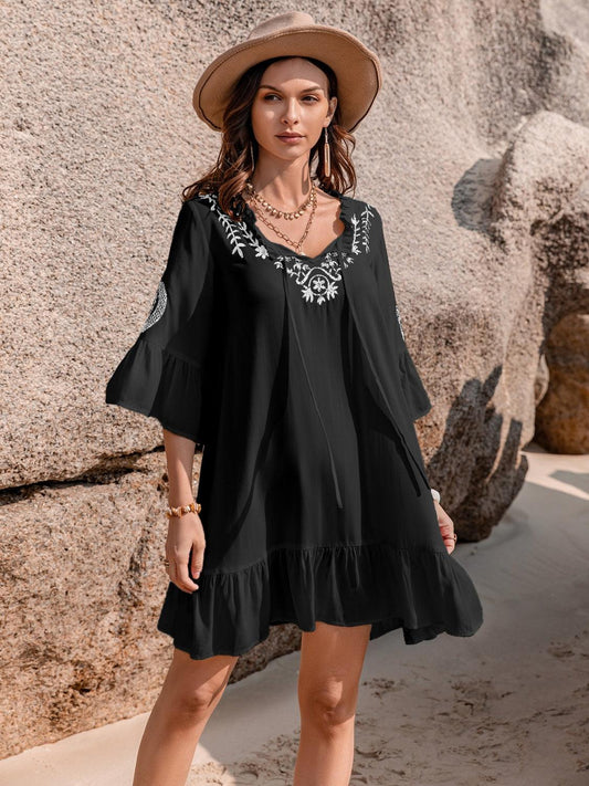 Printed Tie Neck Flounce Sleeve Mini Dress Carauana Store