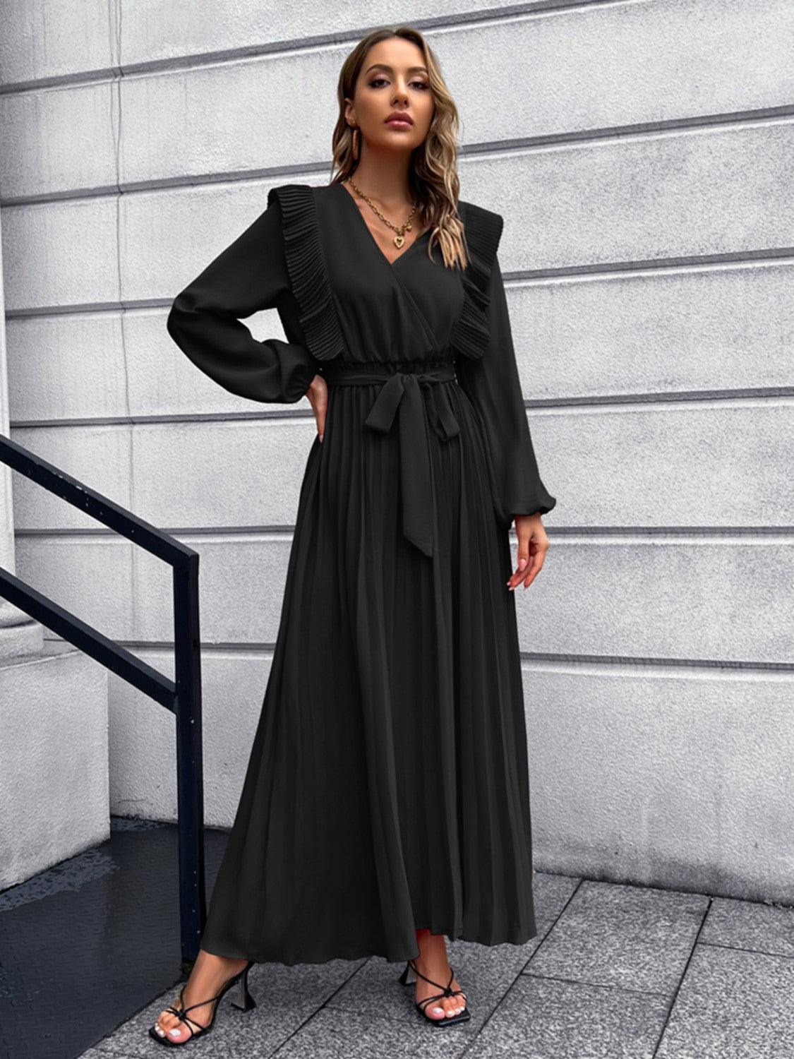 Pleated Surplice Tie Waist Maxi Dress Carauana Store