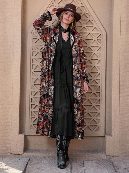 Printed Open Front Long Sleeve Outerwear Carauana Store