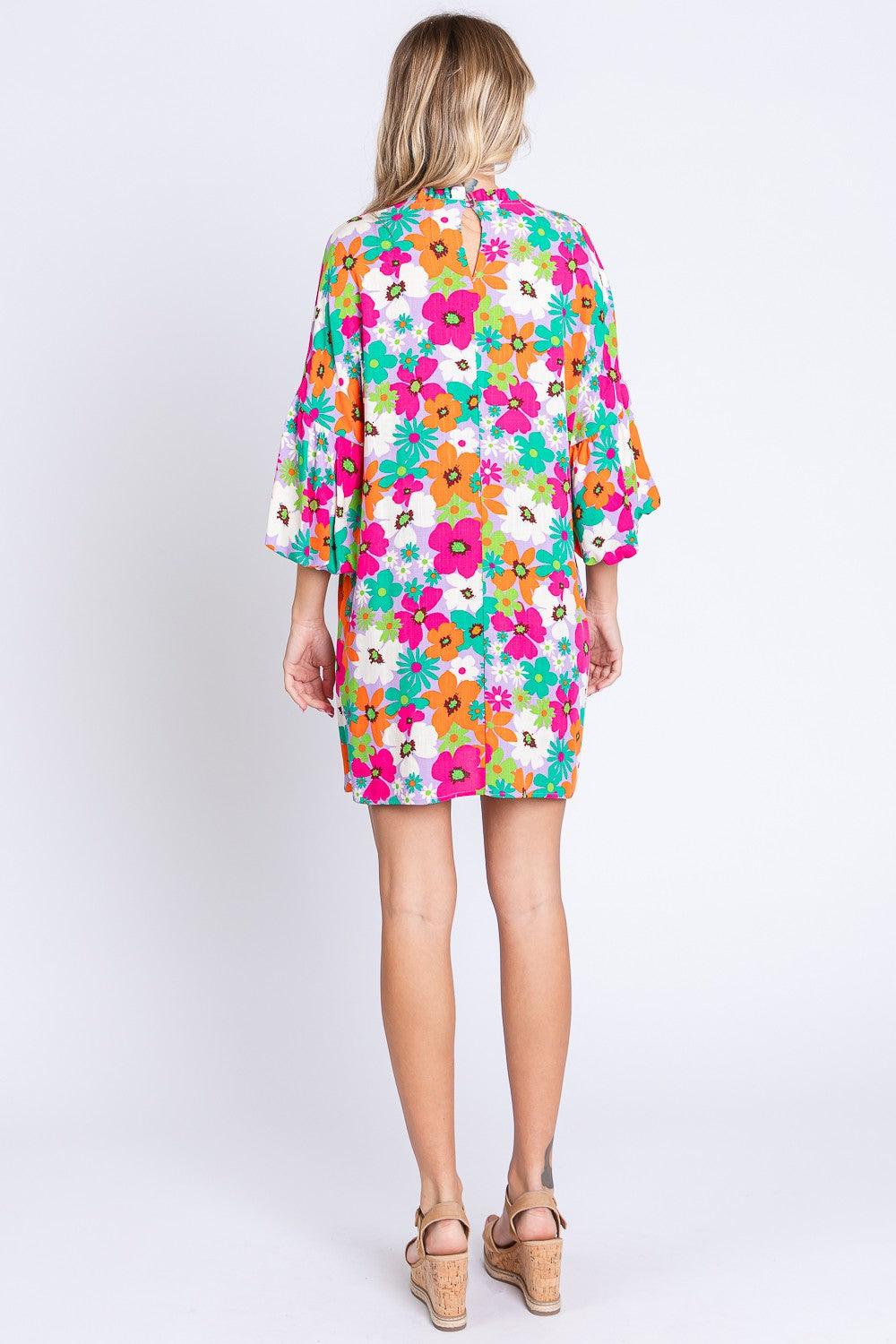 GeeGee Full Size Floral Round Neck Lantern Sleeve Mini Dress Carauana Store