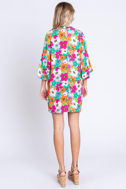GeeGee Full Size Floral Round Neck Lantern Sleeve Mini Dress Carauana Store