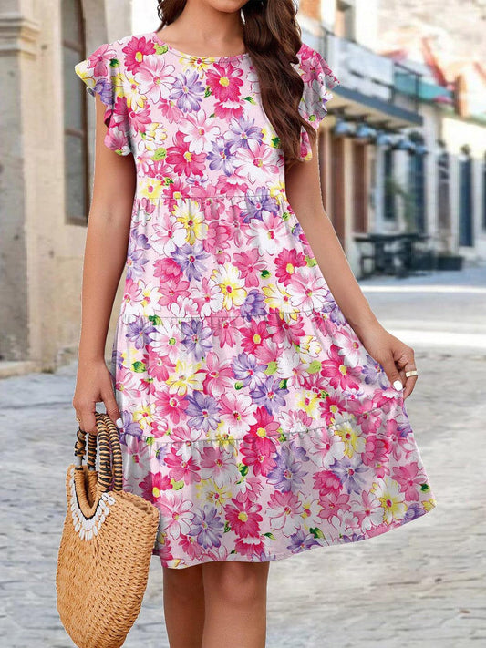 Printed Round Neck Tiered Dress Carauana Store
