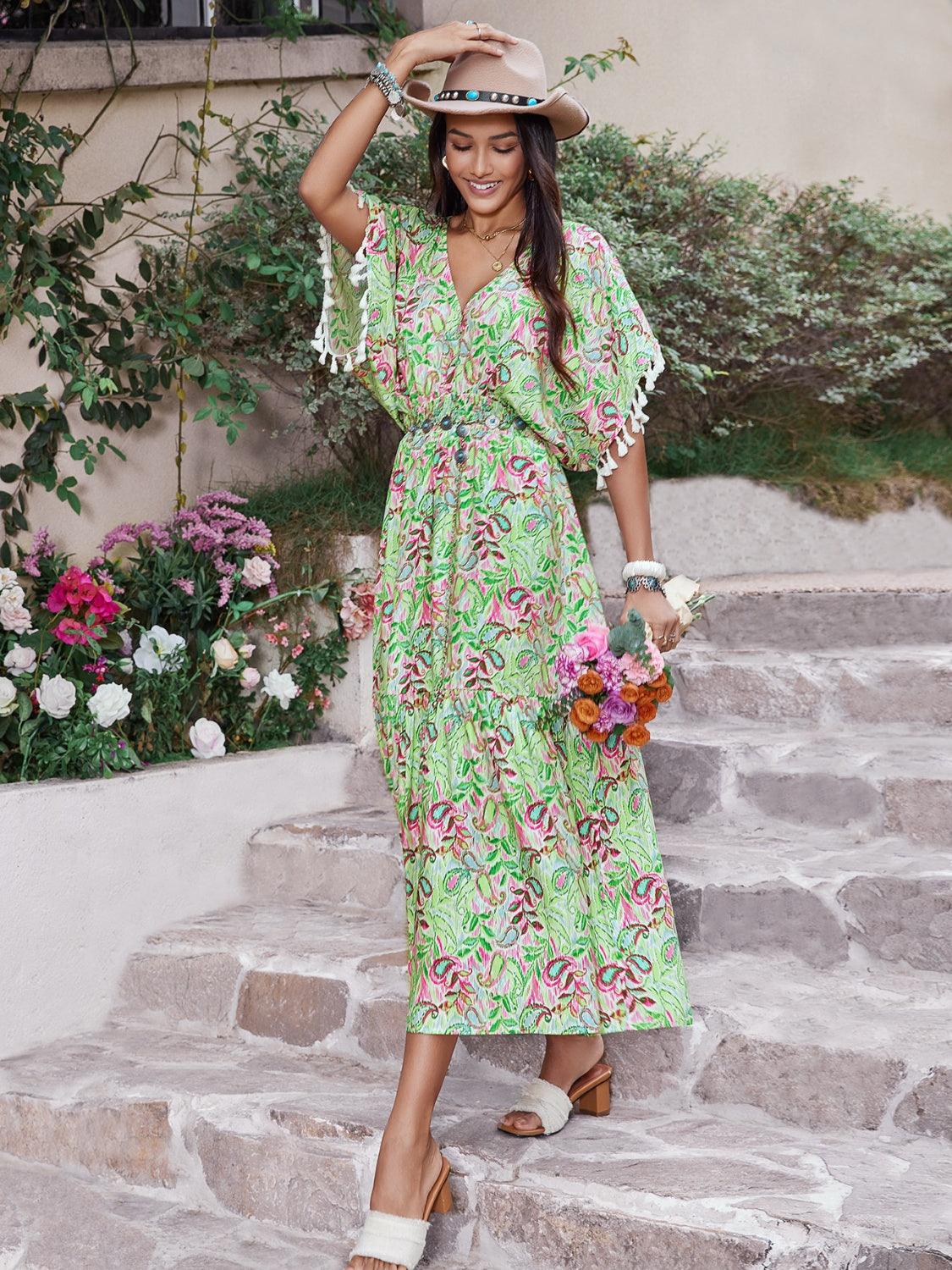 Smocked Floral V-Neck Short Sleeve Dress Carauana Store