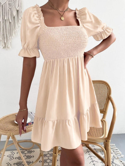 Smocked Square Neck Short Sleeve Dress Carauana Store