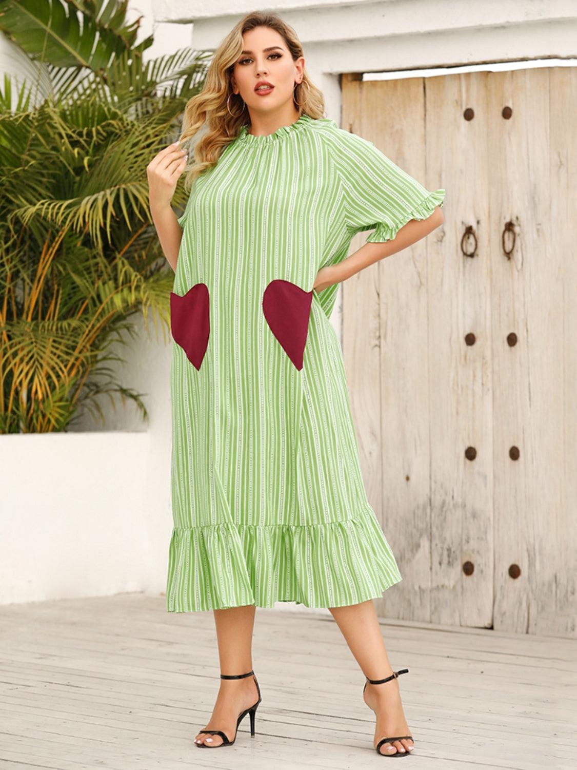 Plus Size Frill Heart Striped Half Sleeve Dress Carauana Store