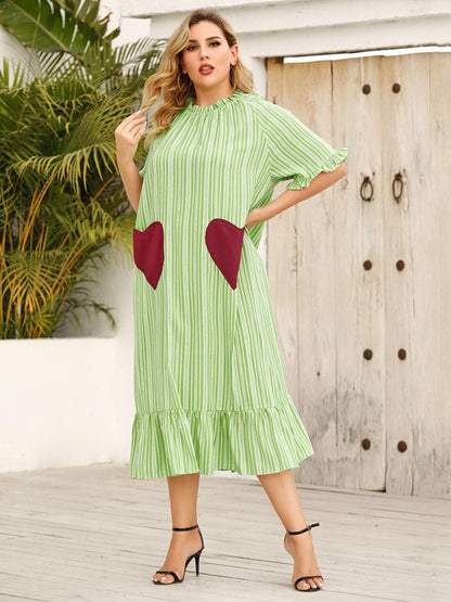 Plus Size Frill Heart Striped Half Sleeve Dress Carauana Store
