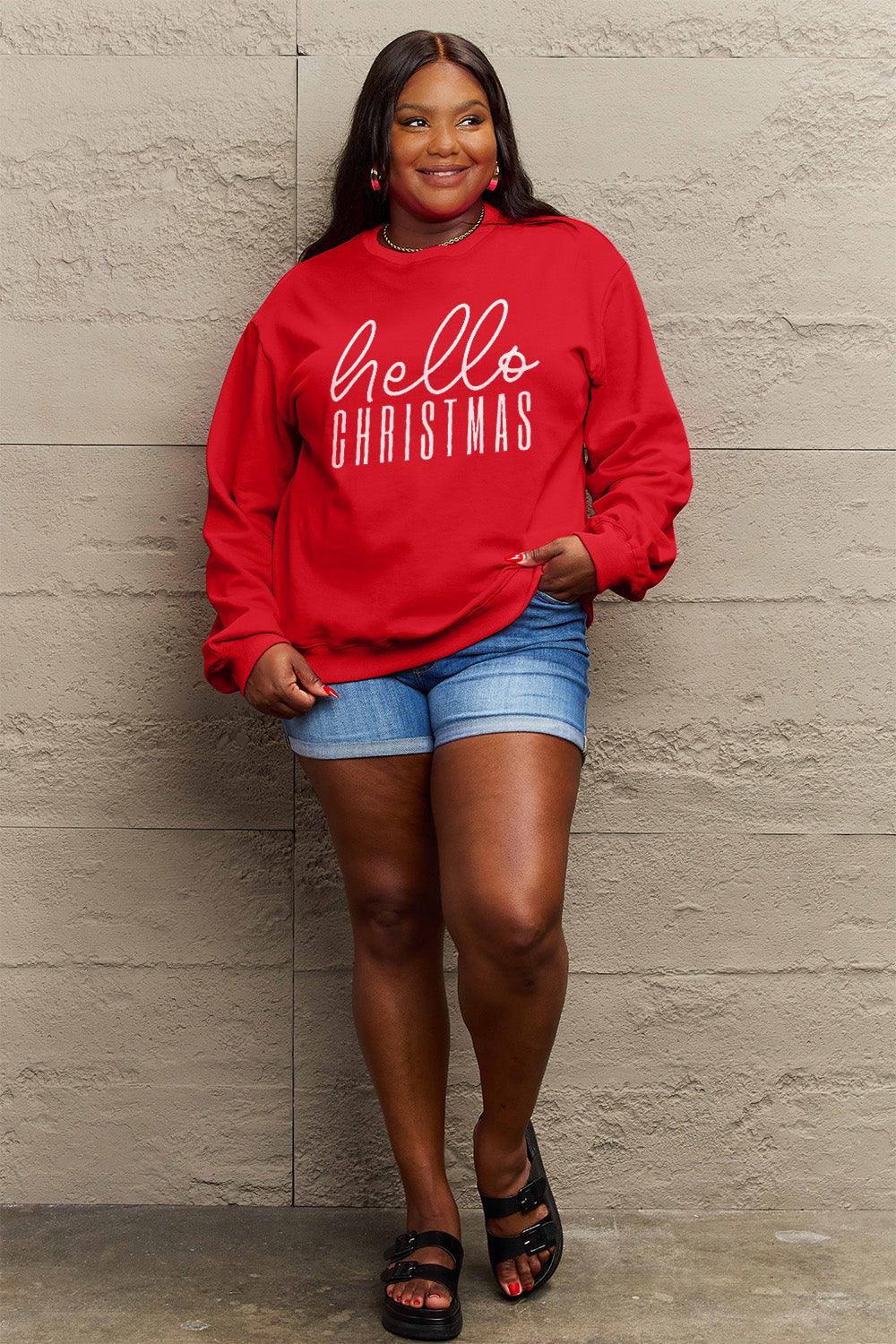 Simply Love Full Size HELLO CHRISTMAS Long Sleeve Sweatshirt Carauana Store
