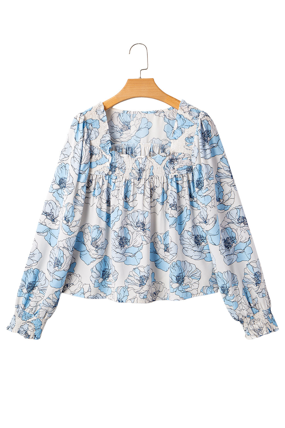Sky Blue Floral Print Frilly Smocked Square Neck Long Sleeve Blouse
