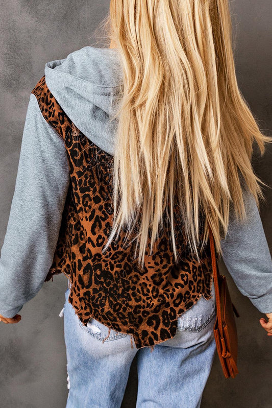 Leopard Distressed Drawstring Hooded Denim Jacket Carauana Store
